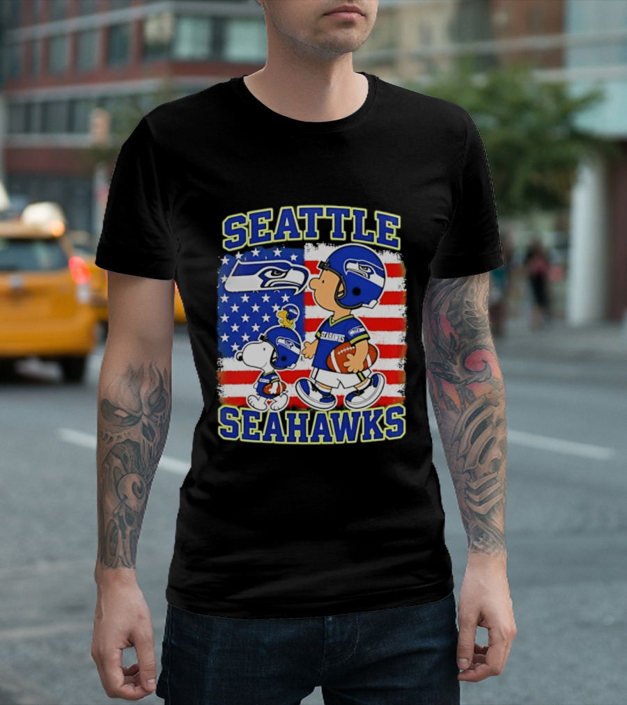 Snoopy Charlie Brown Seattle Seahawks American Flag Football T-Shirt