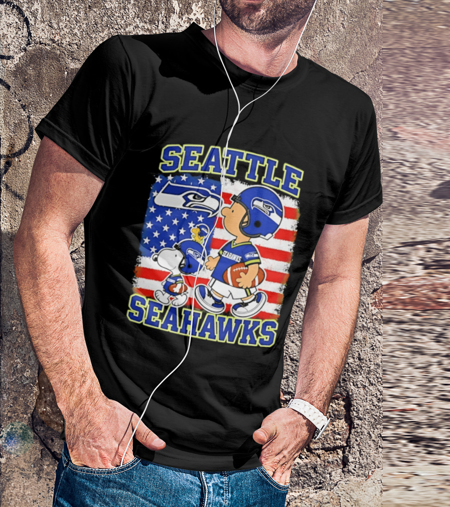 Snoopy Charlie Brown Seattle Seahawks American Flag Football T-Shirt