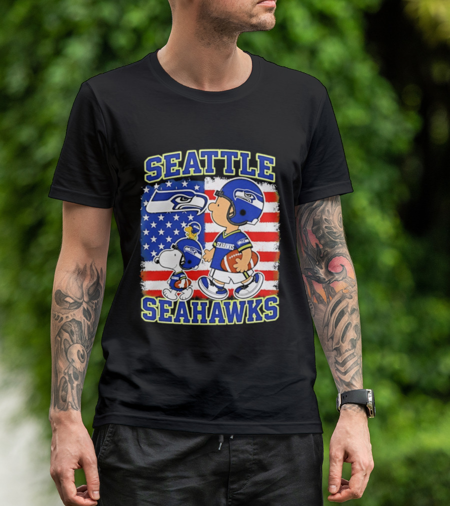 Snoopy Charlie Brown Seattle Seahawks American Flag Football T-Shirt