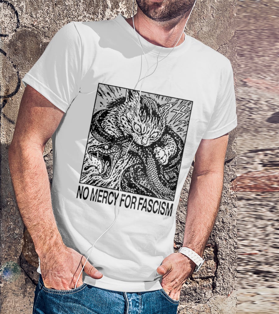 No Mercy For Fascism Cat Fighting Snake T-Shirt