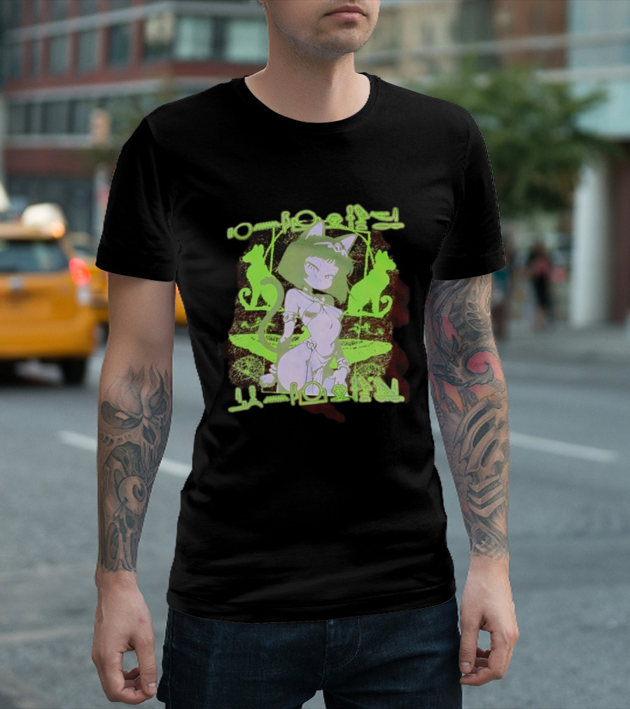 Anime Cat Girl Egyptian Hieroglyphics Neon Green Aesthetic T-Shirt