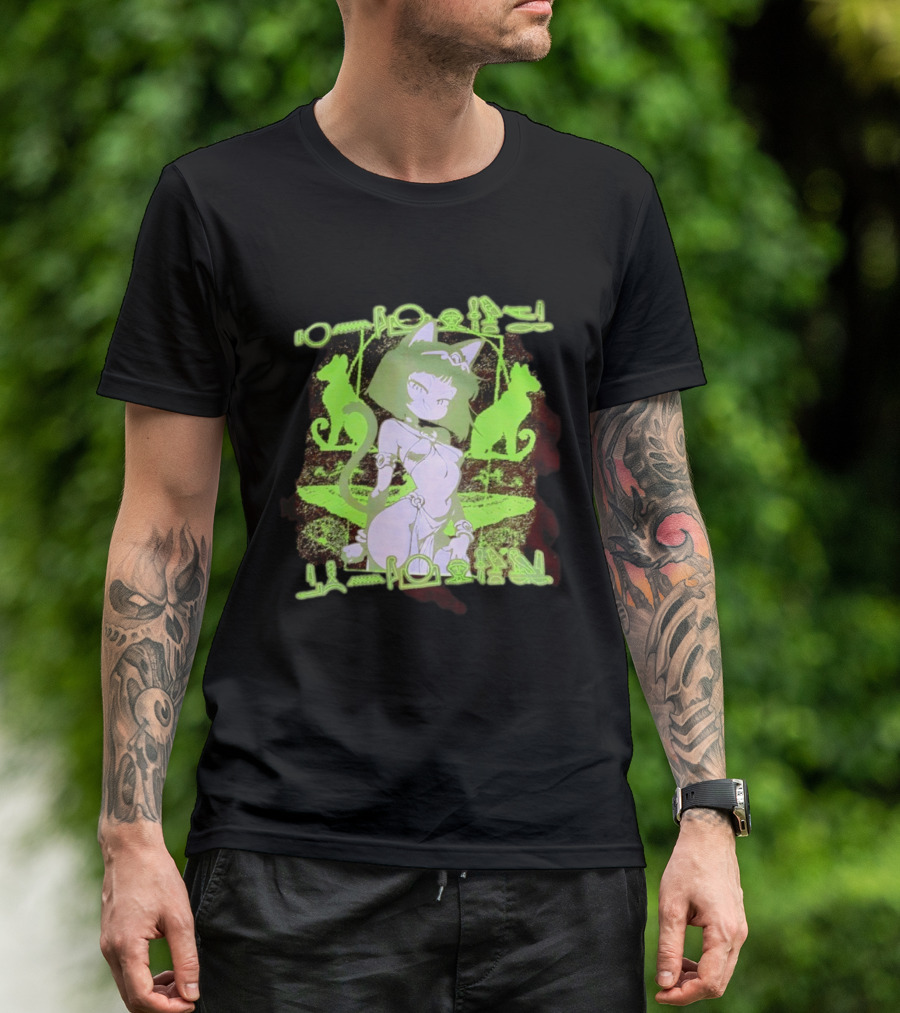 Anime Cat Girl Egyptian Hieroglyphics Neon Green Aesthetic T-Shirt