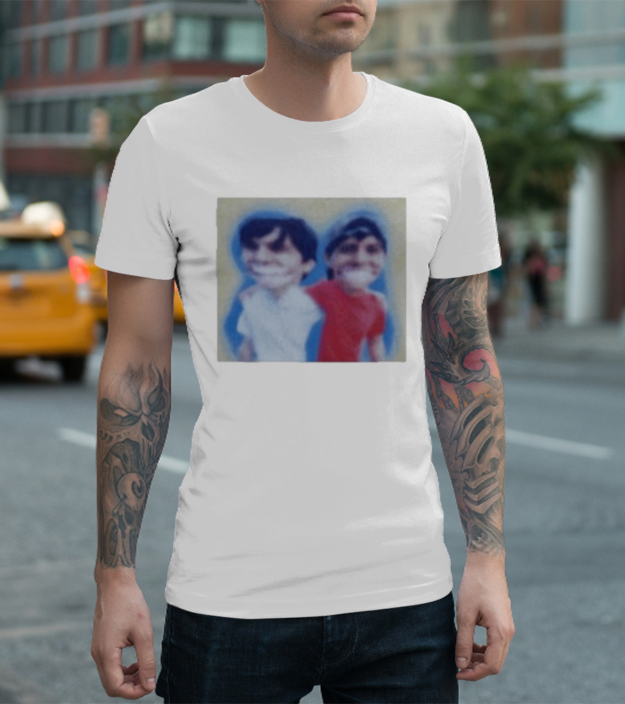 Slushy Noobs Hugging Cartoon Characters In Red And White Outfits T-Shirt