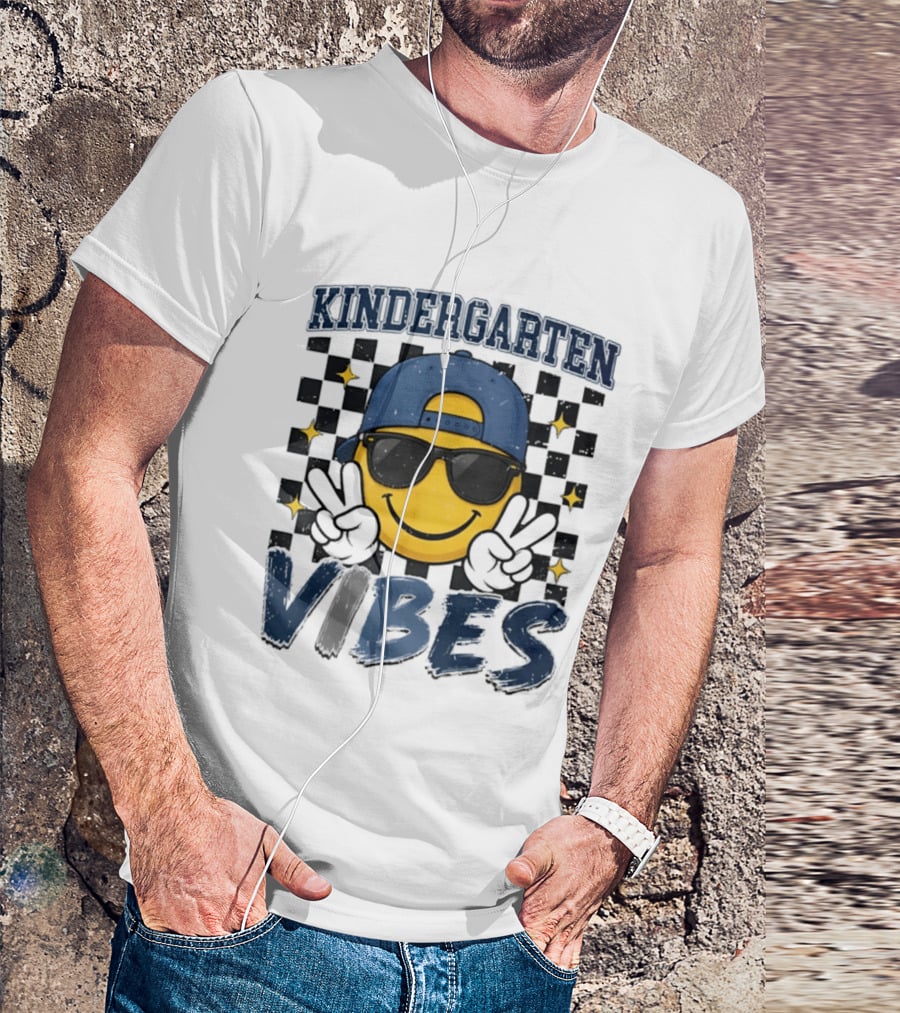 Kindergarten Vibes Smiley Face Sunglasses Peace Sign Checkered T-Shirt
