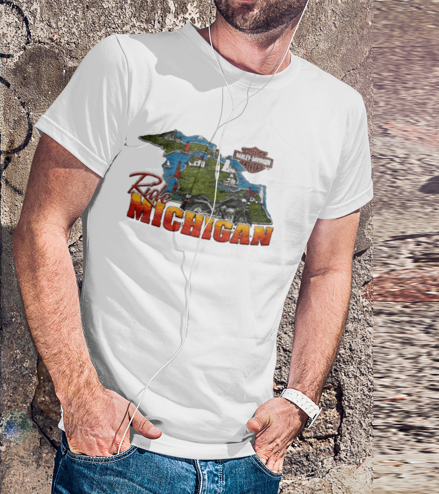 Ride Michigan Harley Davidson Motor Cycles Island Map And Lighthouse T-Shirt