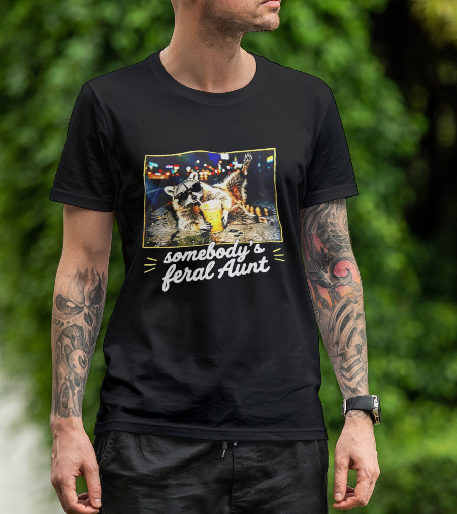Somebody's Feral Aunt Raccoon Iced Coffee Street Scene T-Shirt