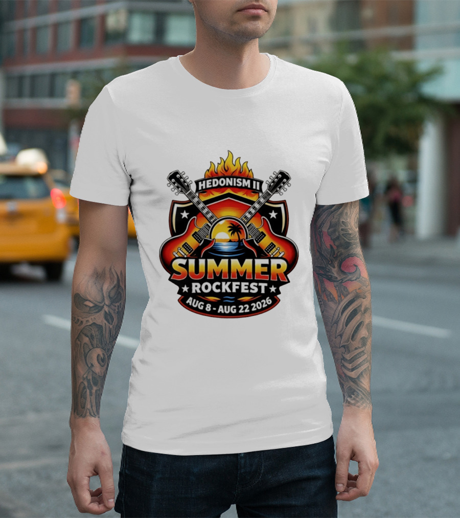 Hedonism II Summer Rockfest August 8 22 2026 Guitars Sunset Palms Fire T-Shirt