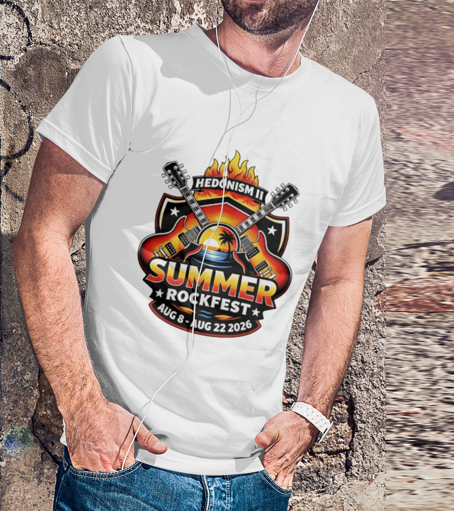 Hedonism II Summer Rockfest August 8 22 2026 Guitars Sunset Palms Fire T-Shirt
