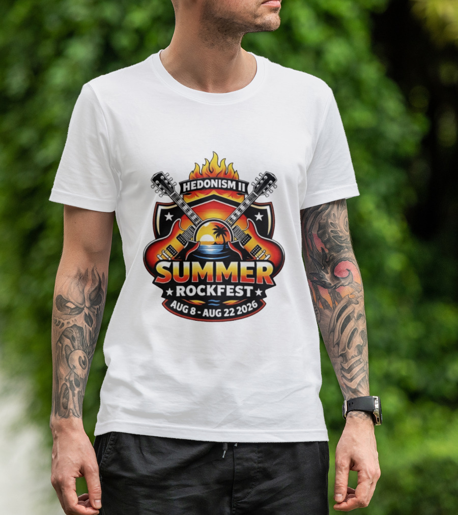 Hedonism II Summer Rockfest August 8 22 2026 Guitars Sunset Palms Fire T-Shirt