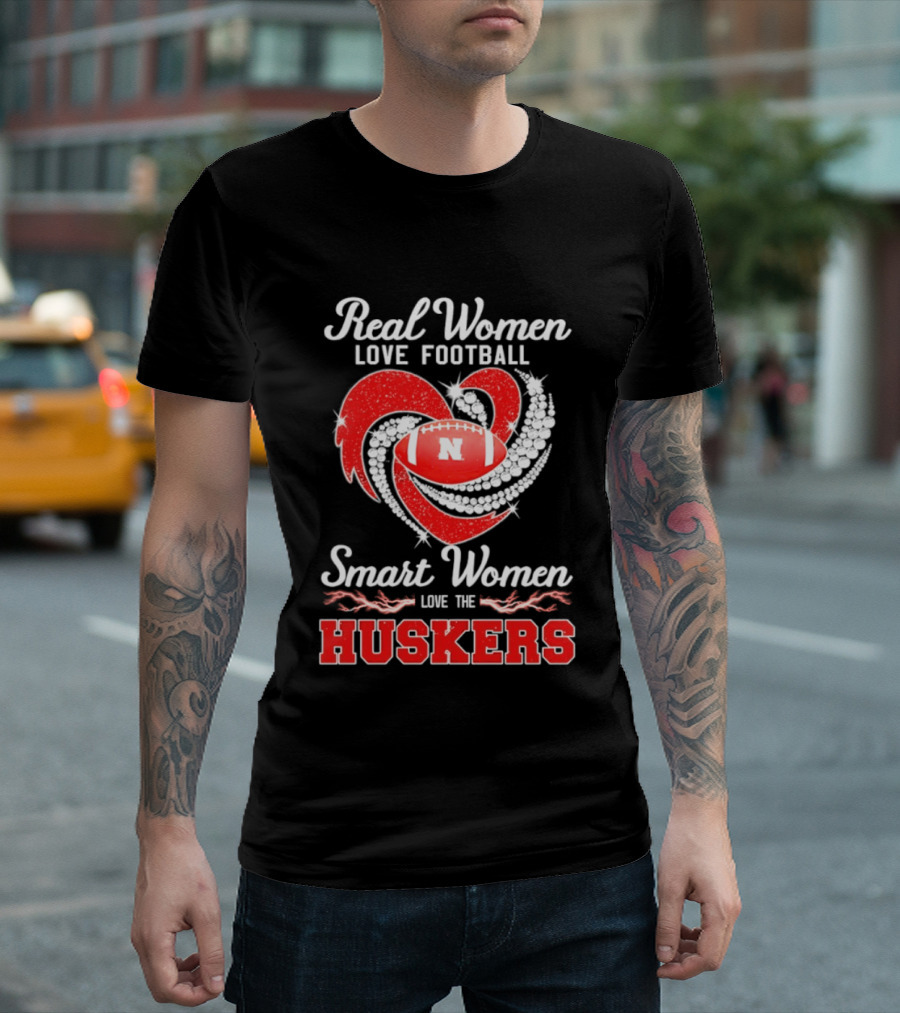 Real Women Love Football Smart Women Love The Nebraska Huskers Football Heart T-Shirt
