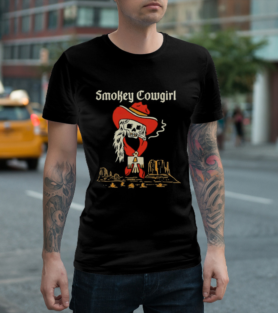 Smokey Cowgirl Western Skeleton Cowboy Desert Scene T-Shirt