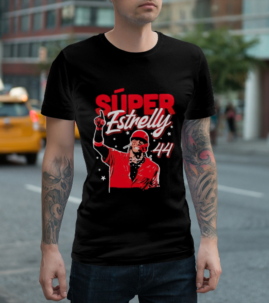 Súper Estrelly 44 Red Baseball Celebration Hero T-Shirt