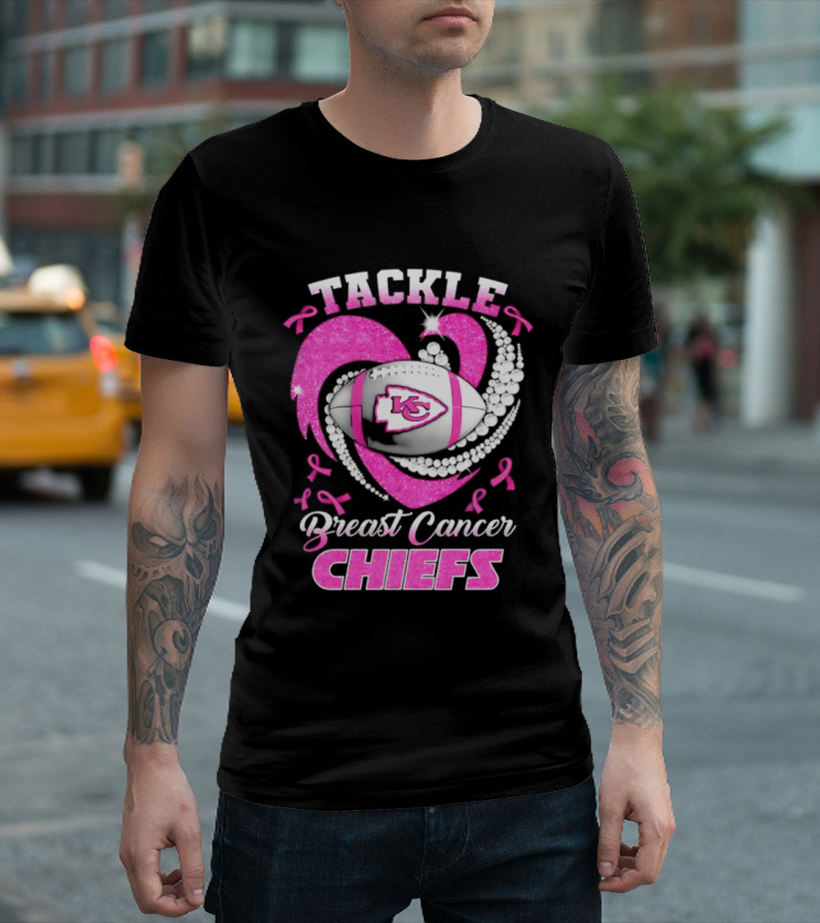 Tackle Breast Cancer Kansas City Chiefs Pink Ribbon Football Heart T-Shirt
