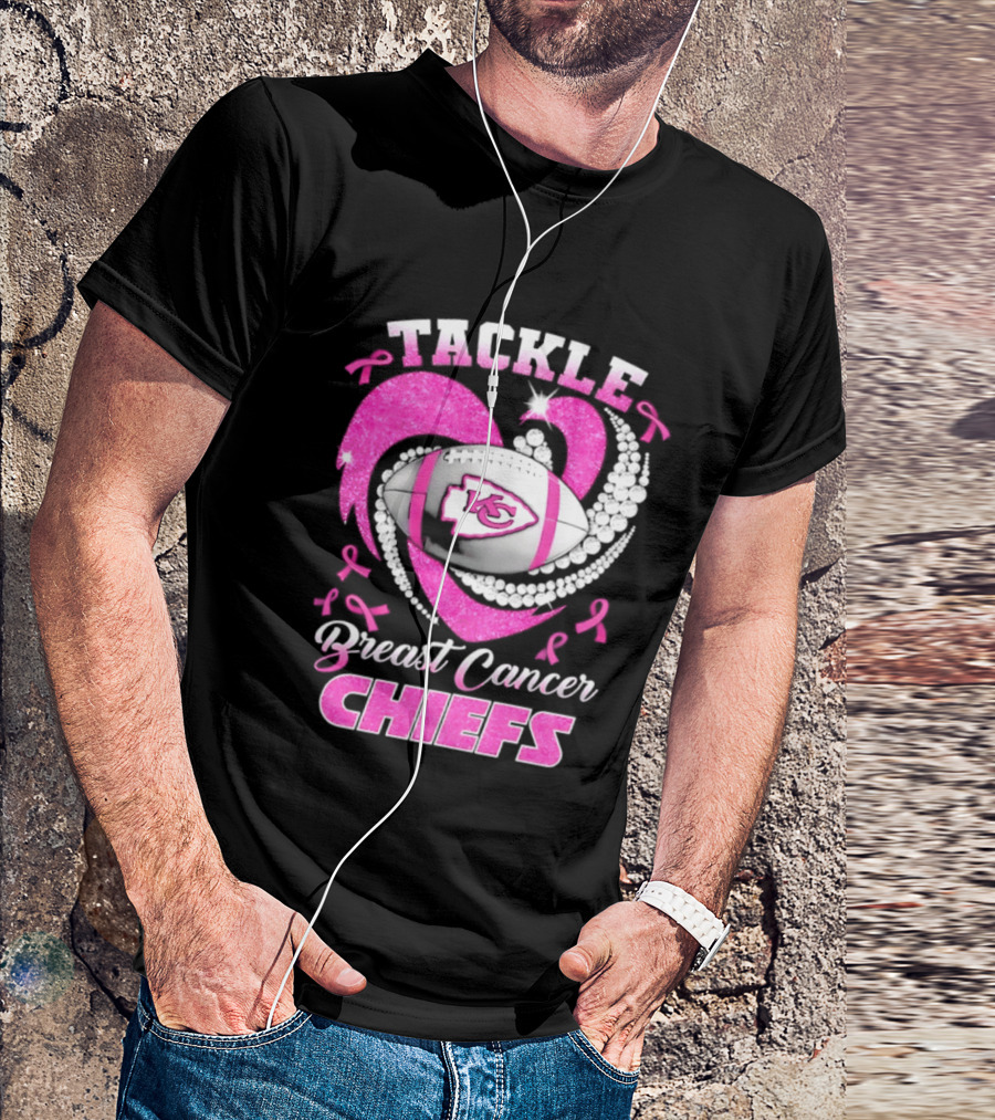 Tackle Breast Cancer Kansas City Chiefs Pink Ribbon Football Heart T-Shirt