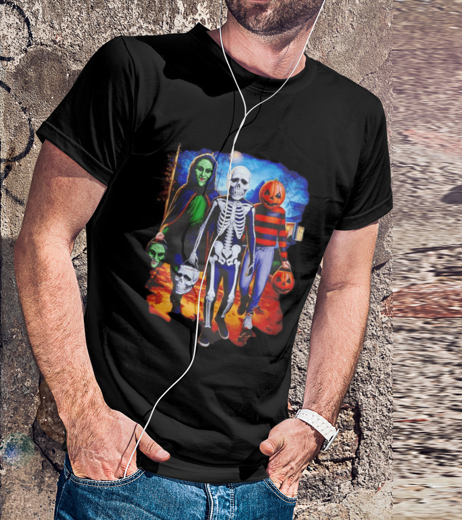 2026 Halloween Trick Or Treat Trio Skeleton Witch Pumpkin Night T-Shirt