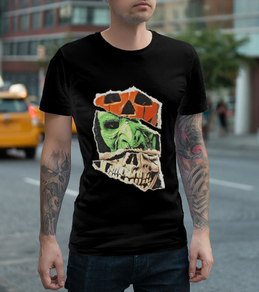Halloween Trio Three Masks Horror Season Of The Witch Pumpkin Skull Green Mask T-Shirt