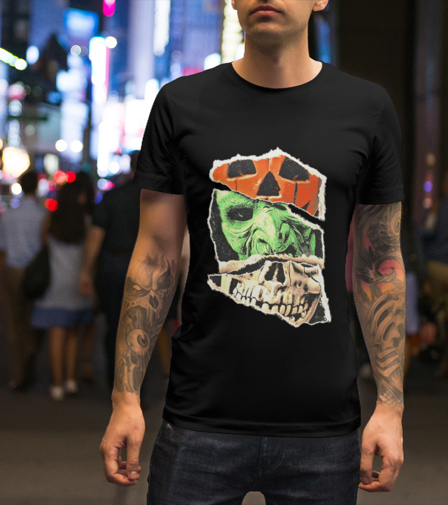 Halloween Trio Three Masks Horror Season Of The Witch Pumpkin Skull Green Mask T-Shirt