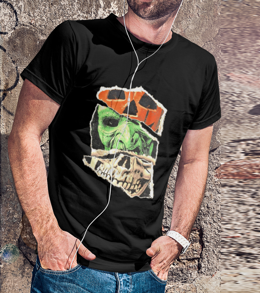 Halloween Trio Three Masks Horror Season Of The Witch Pumpkin Skull Green Mask T-Shirt