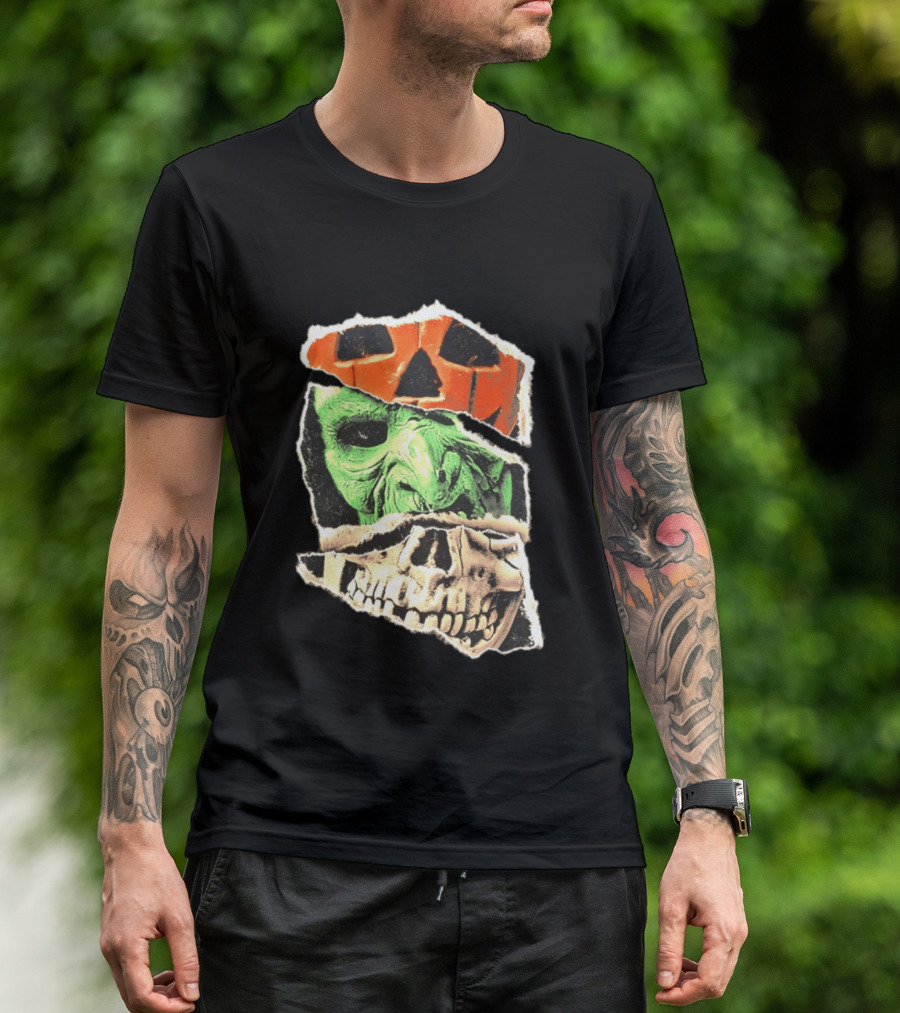Halloween Trio Three Masks Horror Season Of The Witch Pumpkin Skull Green Mask T-Shirt