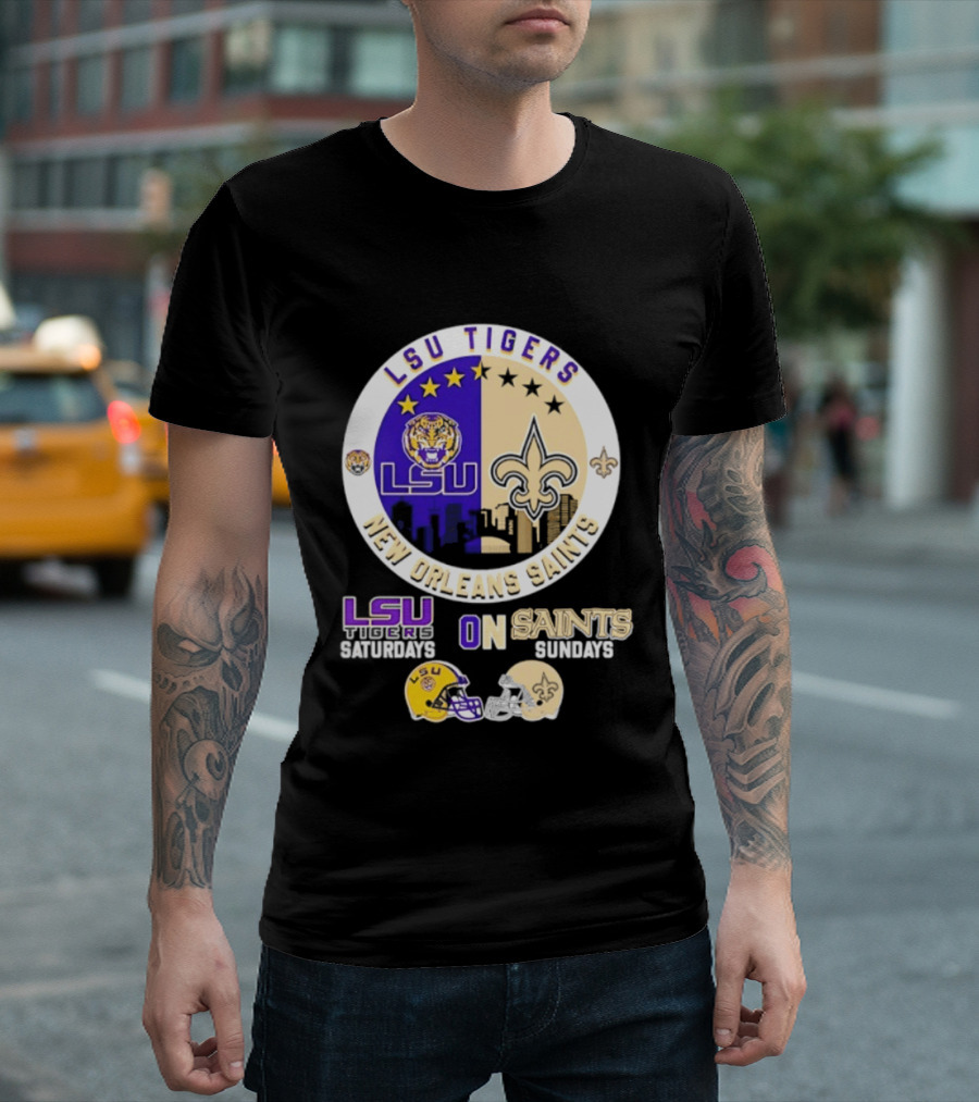 LSU Tigers New Orleans Saints Skyline Helmet Celebration Saturdays Sundays T-Shirt