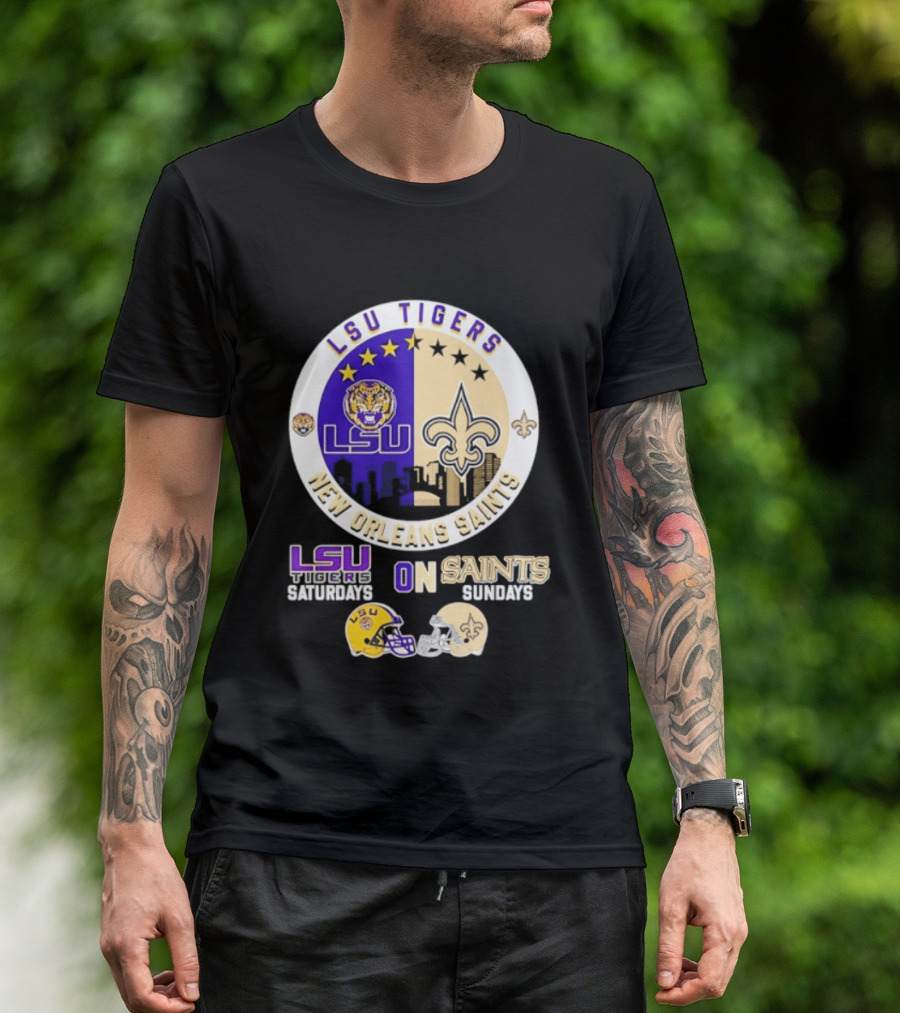 LSU Tigers New Orleans Saints Skyline Helmet Celebration Saturdays Sundays T-Shirt