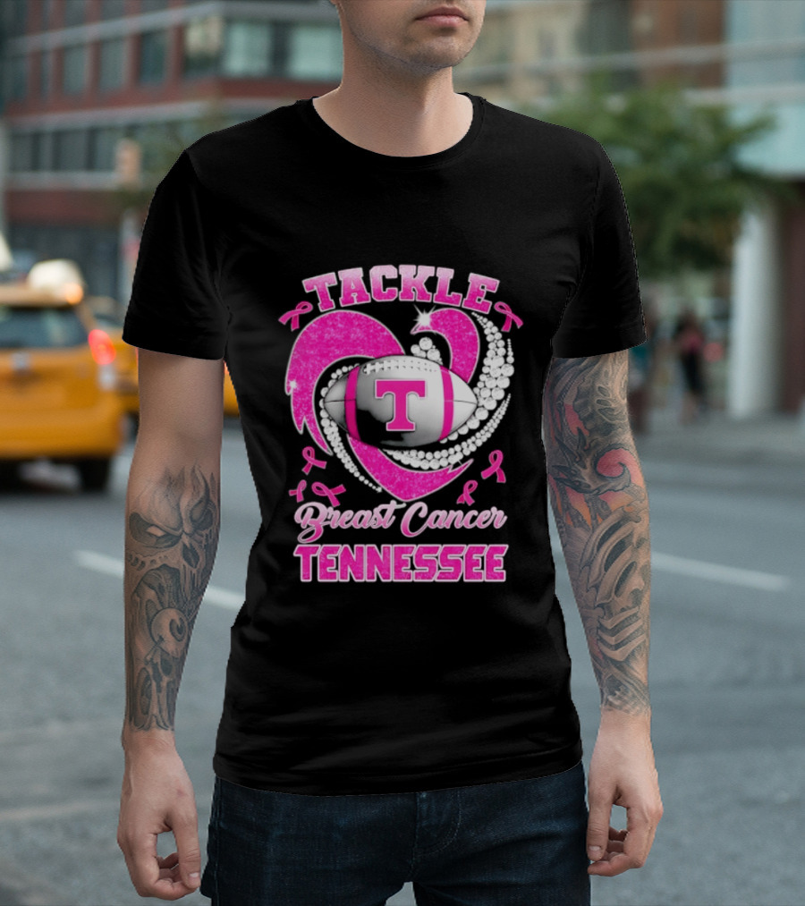 Tackle Breast Cancer Tennessee Volunteers Pink Ribbon Football Awareness T-Shirt
