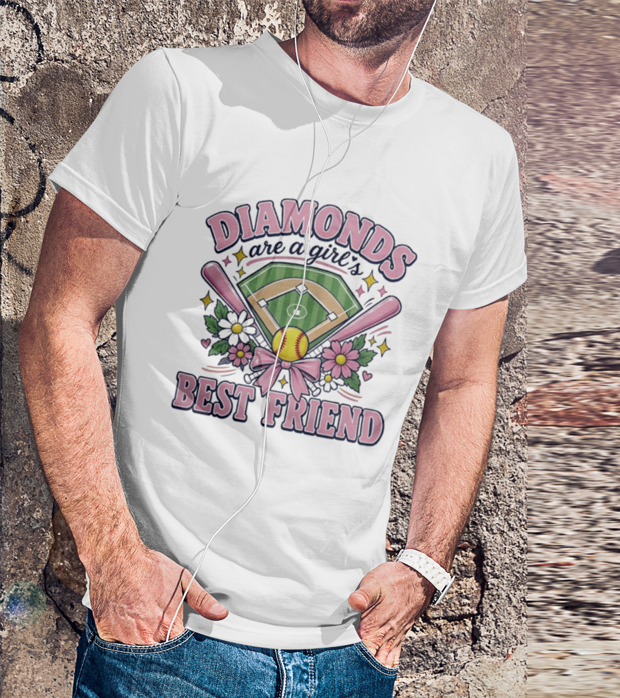 Diamonds Are A Girl's Best Friend Softball Field Pink Bats Floral Stars T-Shirt