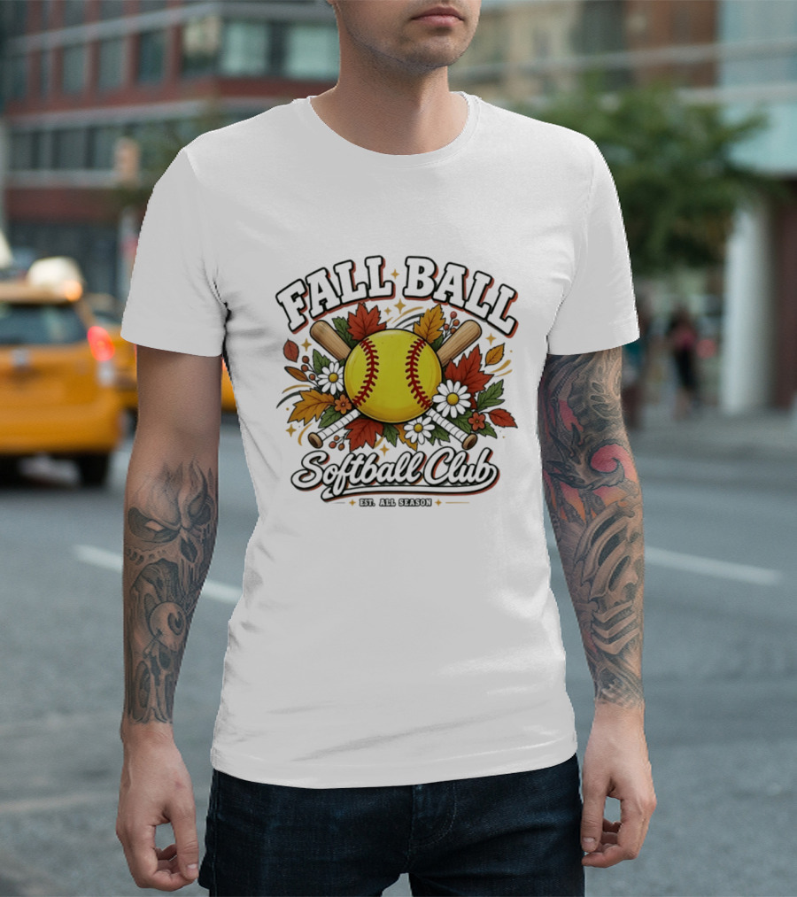 Fall Ball Softball Club Established All Season Autumn Leaves And Bats T-Shirt