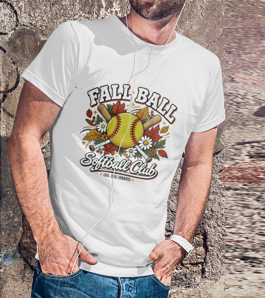 Fall Ball Softball Club Established All Season Autumn Leaves And Bats T-Shirt