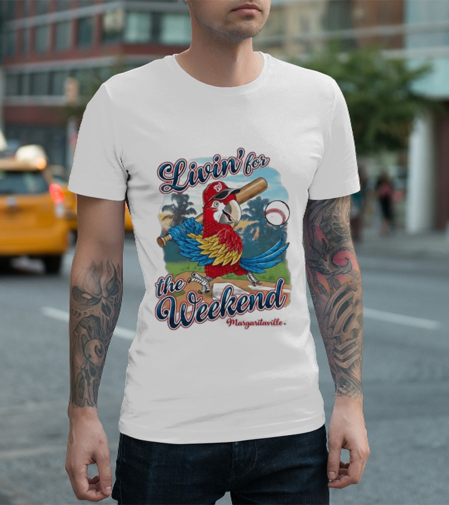 Livin' For The Weekend Nationals Margaritaville 2026 Macaw Baseball T-Shirt
