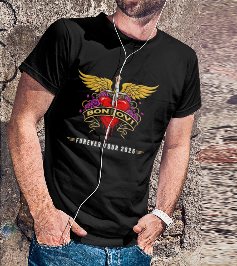 Bon Jovi Forever Tour 2026 Heart And Dagger Wings Roses T-Shirt