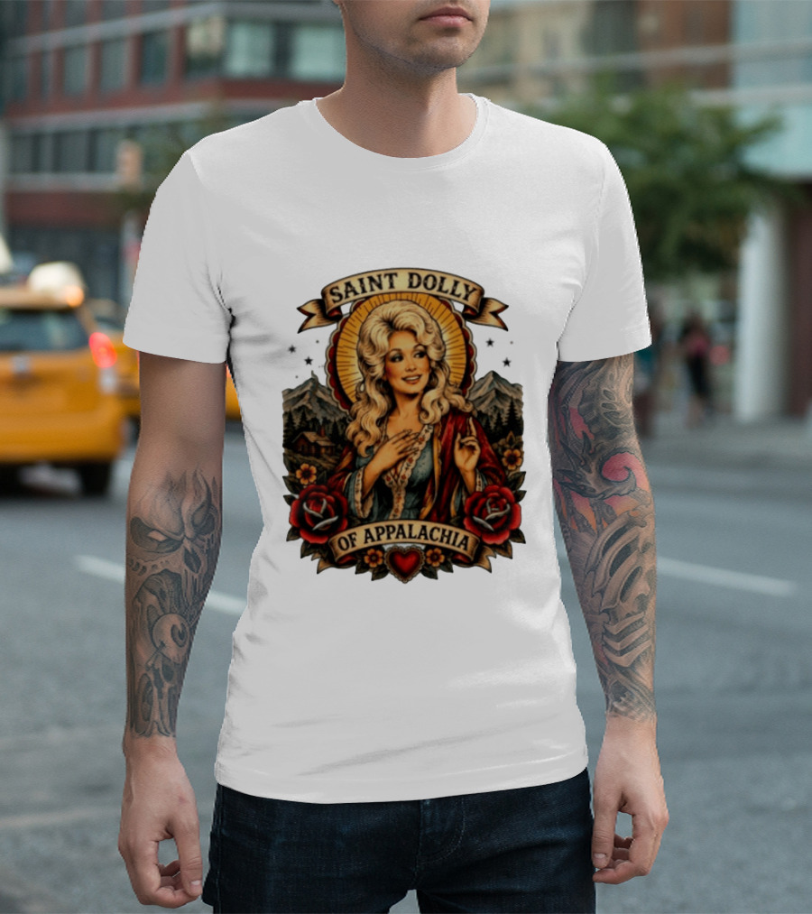 Saint Dolly Of Appalachia Iconic Tribute With Roses And Mountains T-Shirt