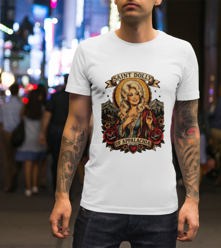 Saint Dolly Of Appalachia Iconic Tribute With Roses And Mountains T-Shirt