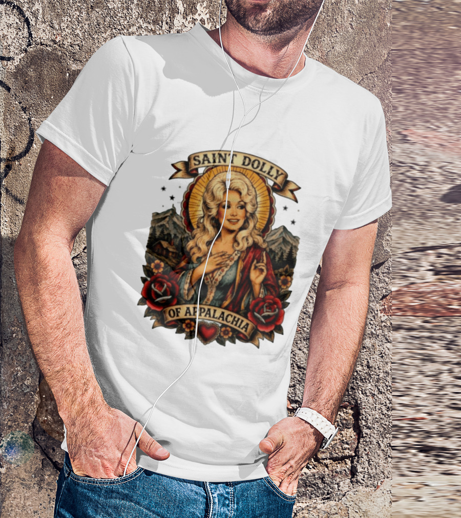 Saint Dolly Of Appalachia Iconic Tribute With Roses And Mountains T-Shirt