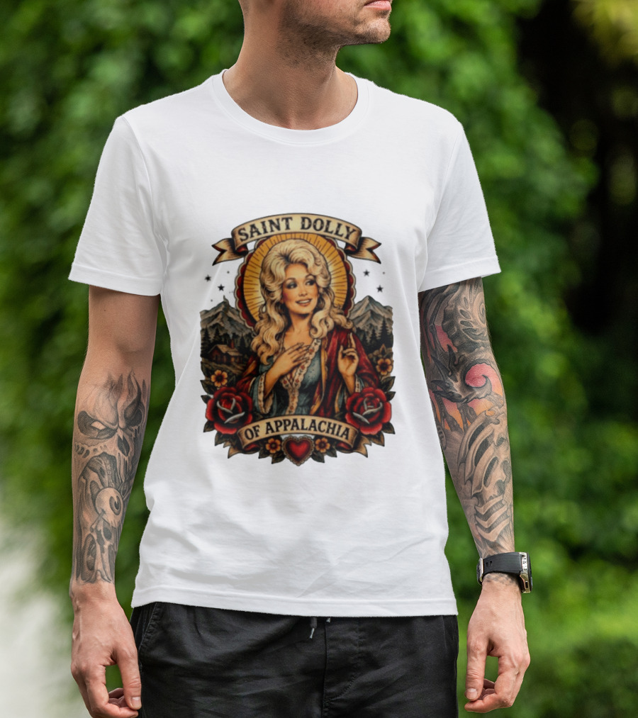 Saint Dolly Of Appalachia Iconic Tribute With Roses And Mountains T-Shirt
