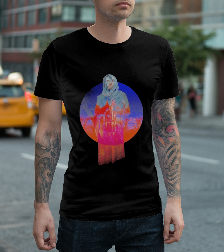 Hot Spot Eclipse Surreal Mystical Figure Eerie Hooded Apparition In Vibrant Color Spectrum T-Shirt