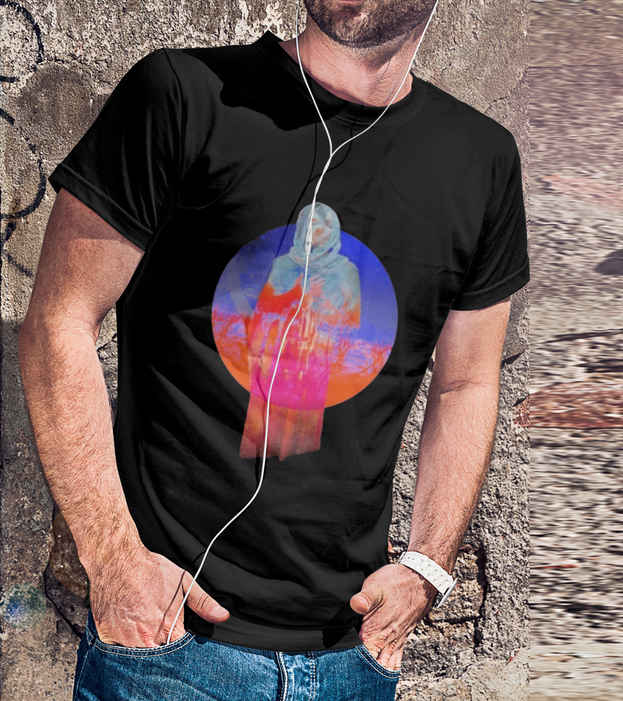 Hot Spot Eclipse Surreal Mystical Figure Eerie Hooded Apparition In Vibrant Color Spectrum T-Shirt