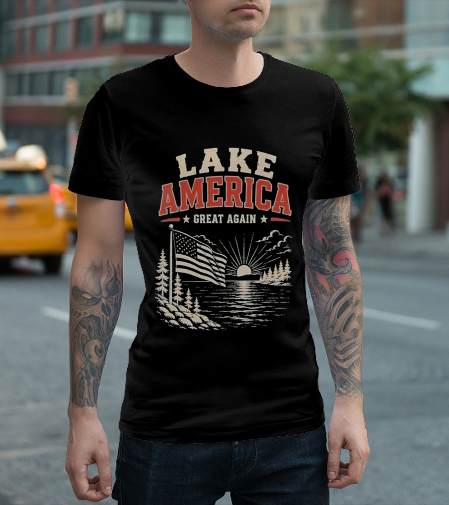 Lake America Great Again With Sunset And Flag Scene T-Shirt