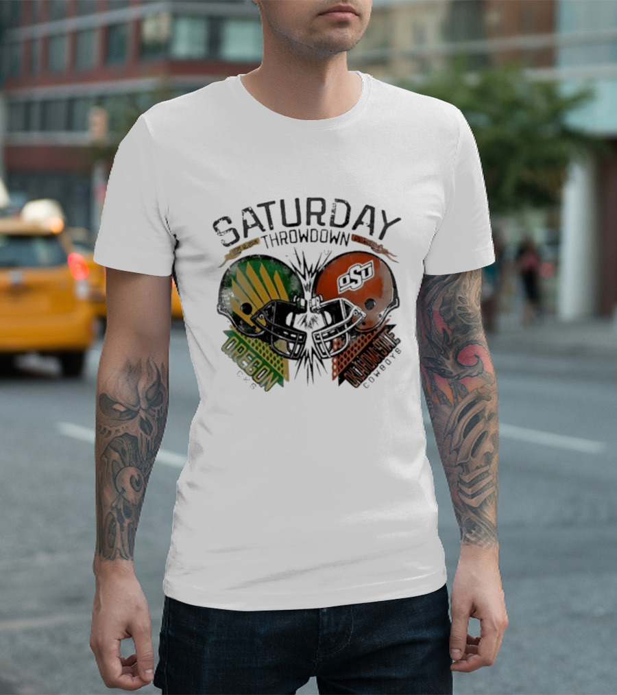 Oklahoma State Vs Oregon Saturday Throwdown 2026 Helmet Clash T-Shirt