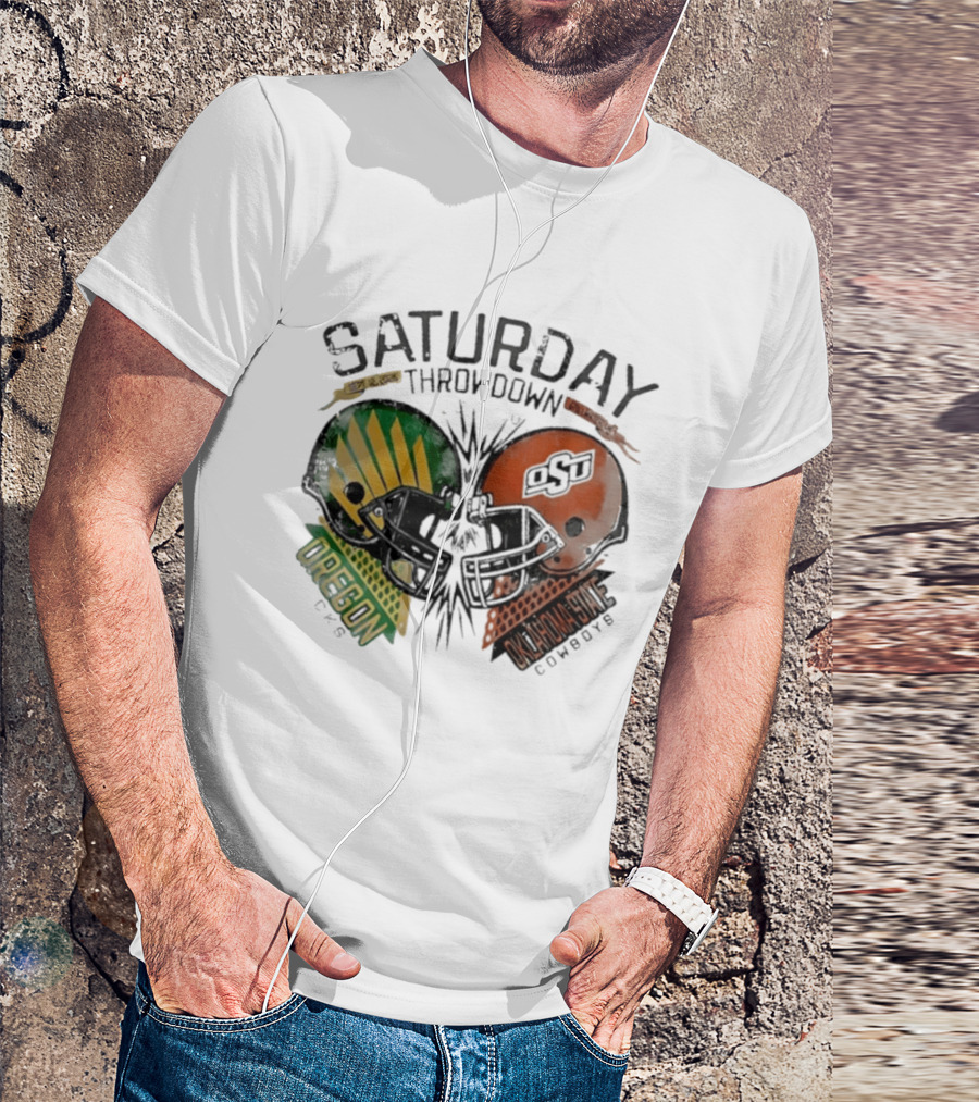 Oklahoma State Vs Oregon Saturday Throwdown 2026 Helmet Clash T-Shirt