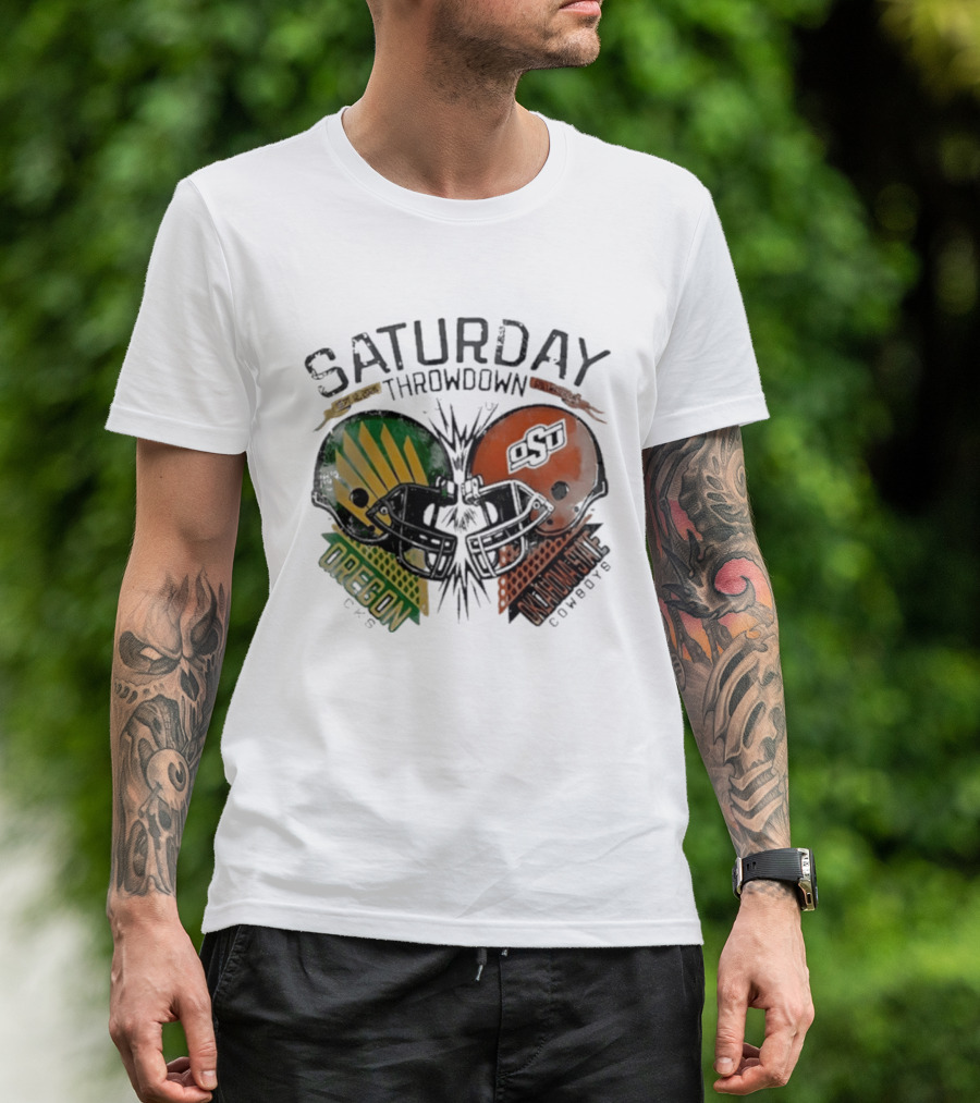 Oklahoma State Vs Oregon Saturday Throwdown 2026 Helmet Clash T-Shirt