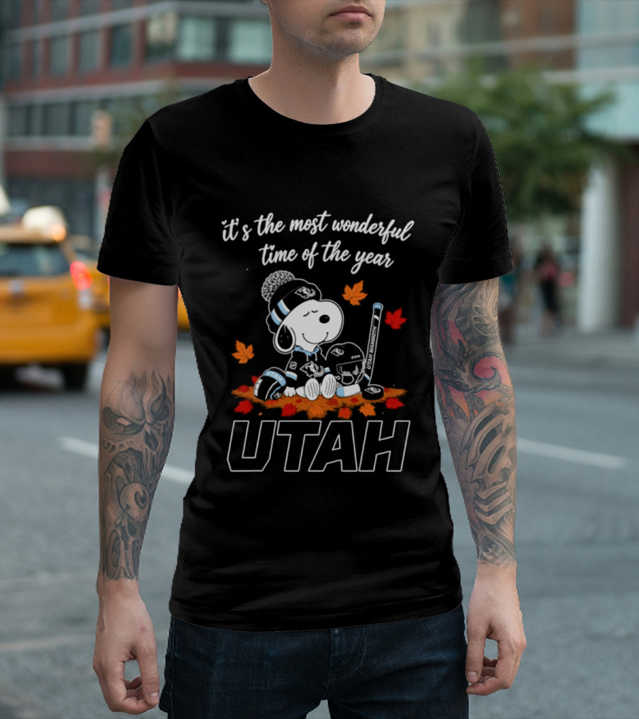It's The Most Wonderful Time Of The Year Utah Snoopy Hockey Autumn Leaves T-Shirt