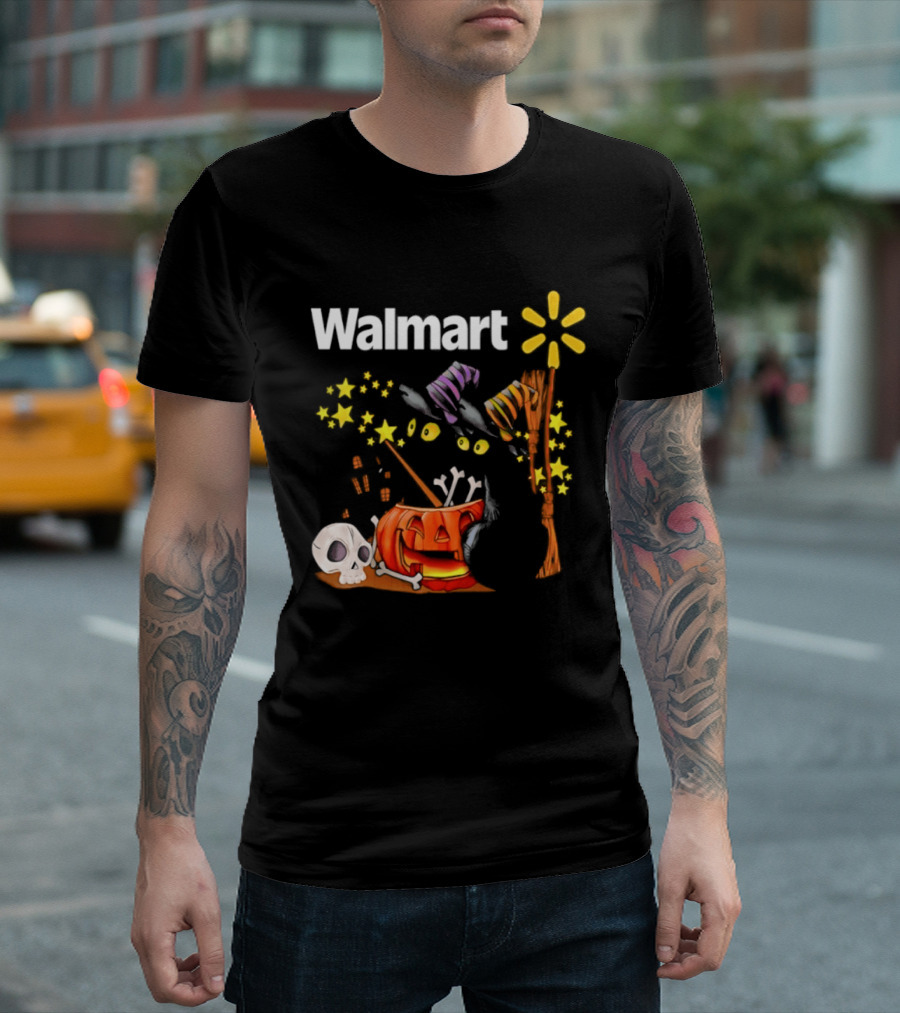 Walmart Halloween 2026 Black Cats With Witch Hats Pumpkin Skull And Stars T-Shirt