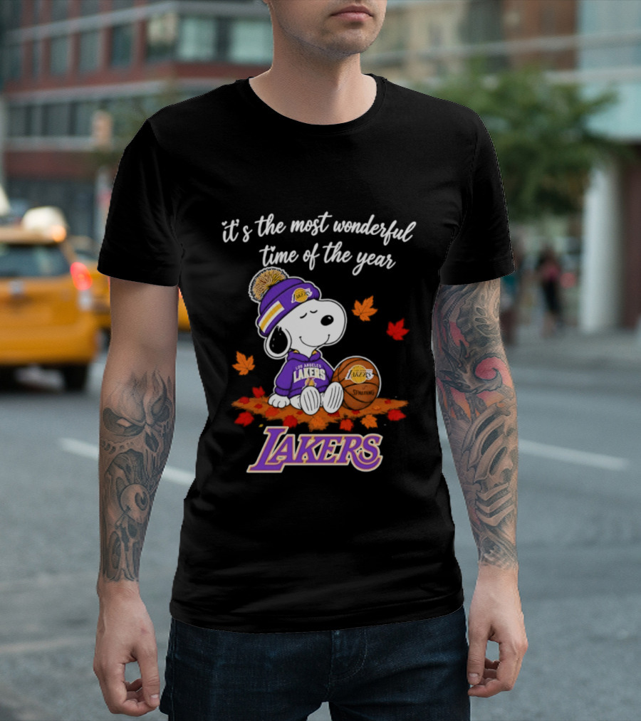 Los Angeles Lakers Snoopy Halloween 2026 It's The Most Wonderful Time Of The Year Peanuts Basketball Fall Leaves T-Shirt