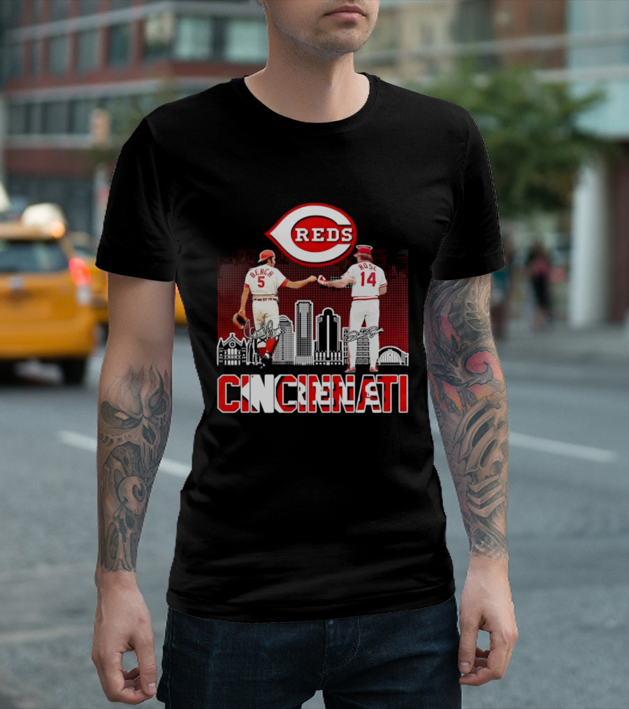 Cincinnati Reds Bench And Rose Skyline Signatures T-Shirt