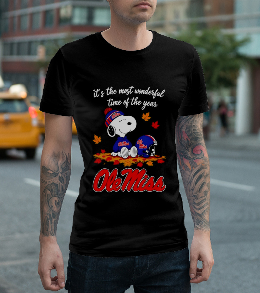 Ole Miss Snoopy It's The Most Wonderful Time Of The Year Fall Leaves T-Shirt