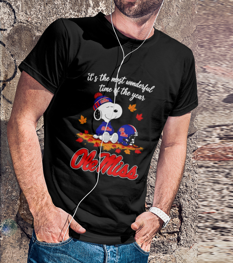 Ole Miss Snoopy It's The Most Wonderful Time Of The Year Fall Leaves T-Shirt