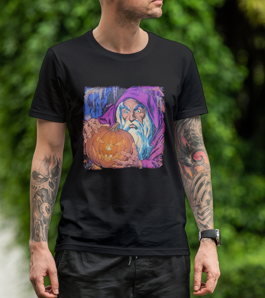 Pondering The Pumpkin Halloween Wizard With Jack O' Lantern 2026 T-Shirt