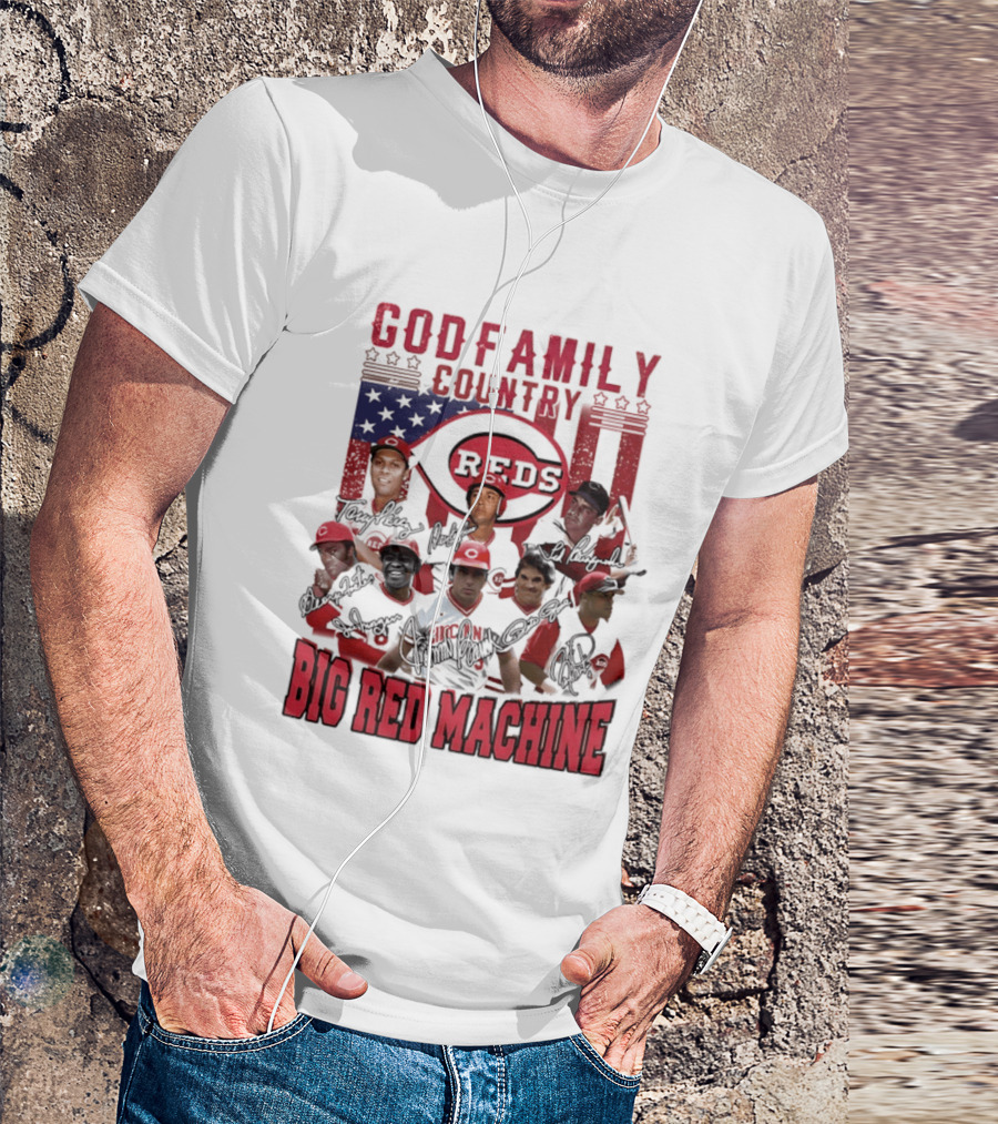 Cincinnati Reds God Family Country Big Red Machine Reds Signatures T-Shirt