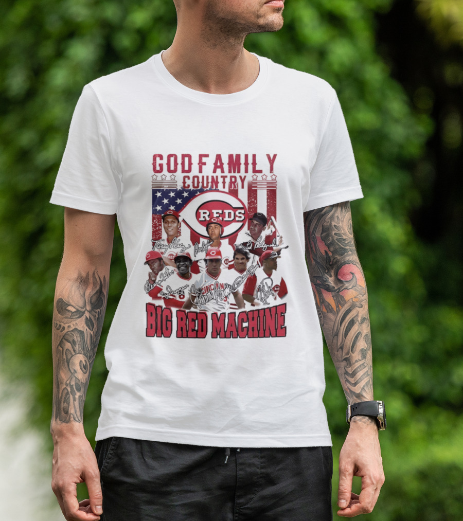 Cincinnati Reds God Family Country Big Red Machine Reds Signatures T-Shirt